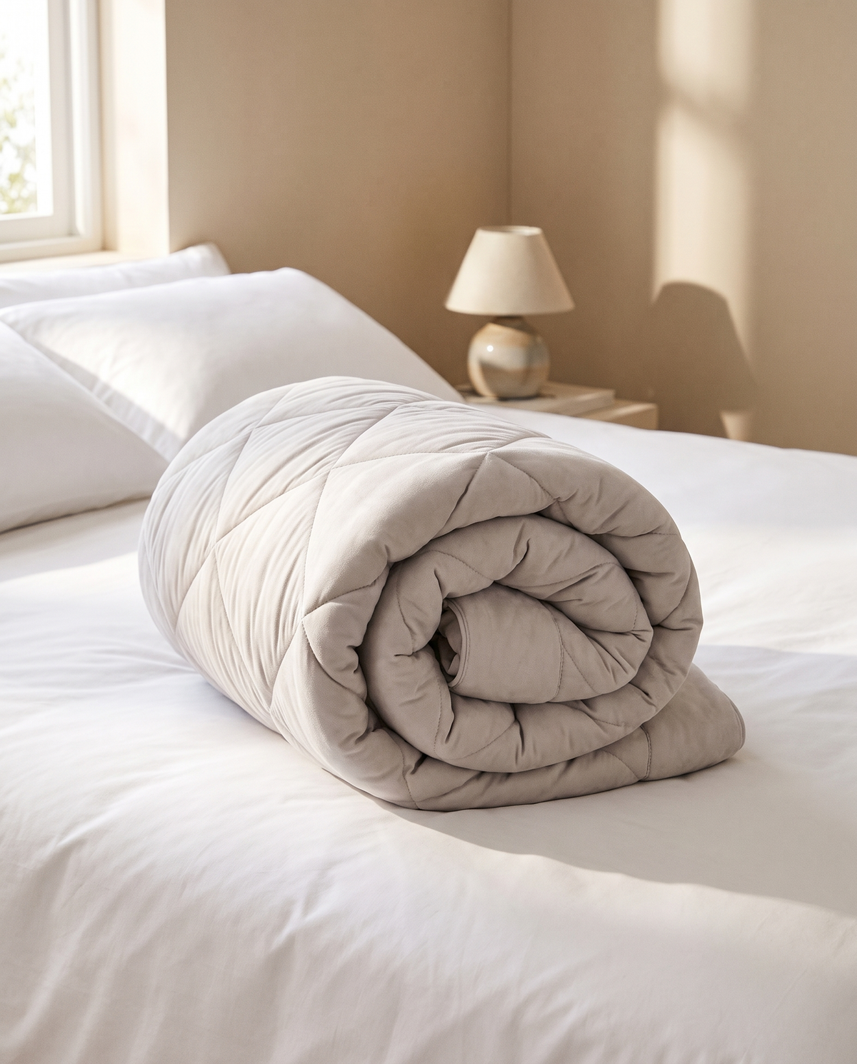 The Moonora duvet rolled on a made bed