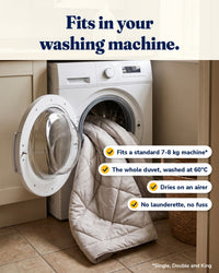 Fits in your washing machine: standard 7-8 kg machine, 60°C wash, dries on an airer